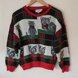 Vintage Cat Sweater Christmas Colors Cotton 80s 90s Sweater Loft
